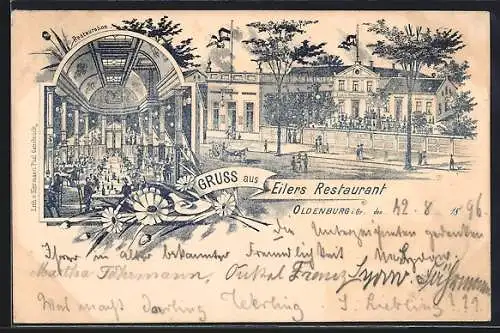 Lithographie Oldenburg i. Gr., Eiler`s Restaurant mit Innenansicht