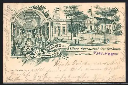 Lithographie Oldenburg i. Gr., Eiler`s Restaurant v. Carl Roxin, mit Innenansicht