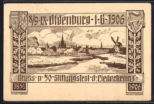 Künstler-AK Oldenburg / O., 50. Stiftungsfest des Liederkranz` 1906, Ortsansicht mit Windmühle