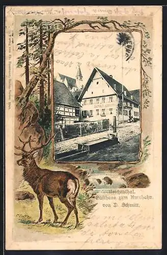 Passepartout-Lithographie Gernsbach-Reichental, Gasthaus zum Auerhahn v. D. Schmitt, Hirsch