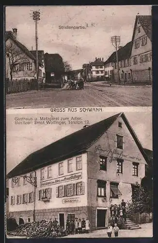 AK Schwann, Gasthaus u. Metzgerei zum Adler, Strassenpartie mit Ochsenwagen