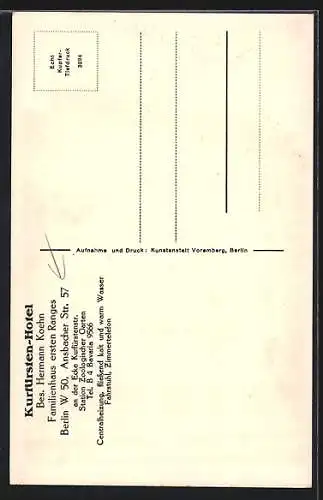 AK Berlin-Schöneberg, Kurfürsten-Hotel, Bes. Hermann Koehn, Ansbacher Strasse 57