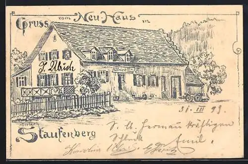 Lithographie Staufenberg / Murgtal, Gasthof zum Neuhaus, Bes. Ulrich Neuhaus