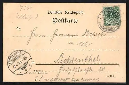Lithographie Staufenberg / Murgtal, Gasthof zum Neuhaus, Bes. Ulrich Neuhaus