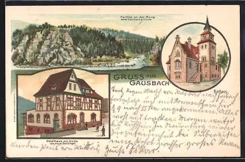 Lithographie Gausbach, Gasthaus zur Linde, Bes. Herm. Schillinger, Partie an der Murg, Rathaus