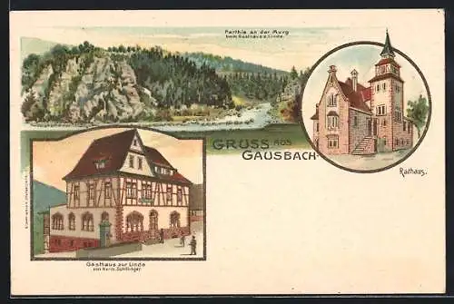 Lithographie Gausbach, Gasthaus zur Linde, Rathaus und Partie an der Murg