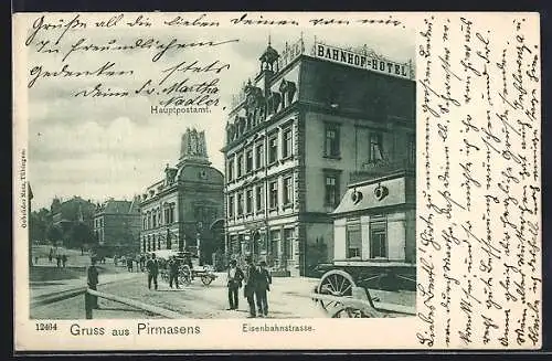 AK Pirmasens, Bahnhof-Hotel und Hauptpostamt in der Eisenbahnstrasse