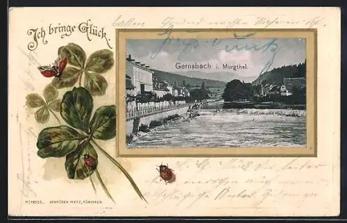 Passepartout-Lithographie Gernsbach i. Murgthal, Partie am Fluss, Kleeblätter mit Marienkäfern