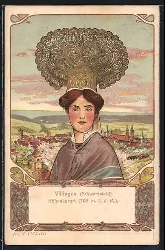 Künstler-AK Villingen / Schwarzwald, Gewerbe- & Industrie-Ausstellung 1907, Frau in Tracht