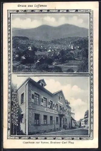 AK Loffenau, Gasthaus zur Sonne, Bes. Carl Fieg, Ortsansicht mit Umgebung