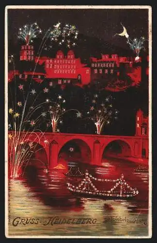 Lithographie Heidelberg, Feuerwerk über dem beleuchteten Schloss, Halt gegen das Licht