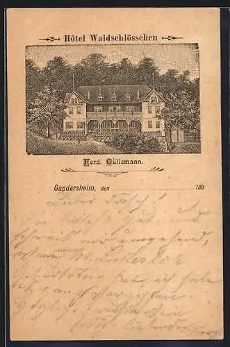 Vorläufer-Lithographie Gandersheim, 1895, Hotel Waldschlösschen von Ferd. Güllemann