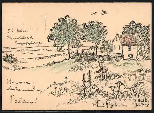 Künstler-AK Handgemalt: Eichigt, Haus auf einer Anhöhe, Blick ins Land