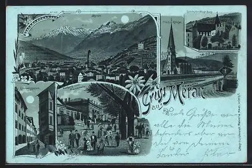 Mondschein-Lithographie Meran, Laubengasse, Kurhaus und Landesfürstliche Burg