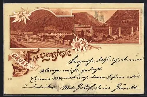 Lithographie Franzensfeste, Bahnhof von der Gleisseite, Hohe Brücke, Edelweiss