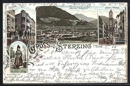 Lithographie Sterzing a. Brennerbahn, Rathaus, Strasse mit Tor und Denkmal, Brenner Volkstracht