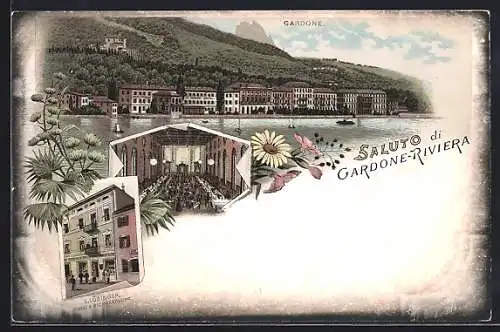 Lithographie Gardone-Riviera, Hotel & Pension von Gardone-Riviera, Innenansicht, L. Löbinger Kunst & Buchhandlung