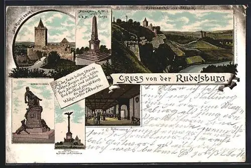 Lithographie Rudelsburg, Die Rudelsburg, Bismarkdenkmal, Rittersaal in der Burg, Denkmal K.W. I.