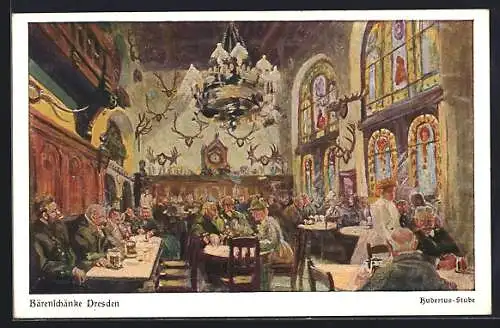 Künstler-AK Dresden, Gasthaus Bärenschenke, Hubertus-Stube, Webergasse