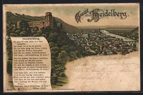 Lithographie Heidelberg / Neckar, Totalansicht mit Gedicht der Stadt