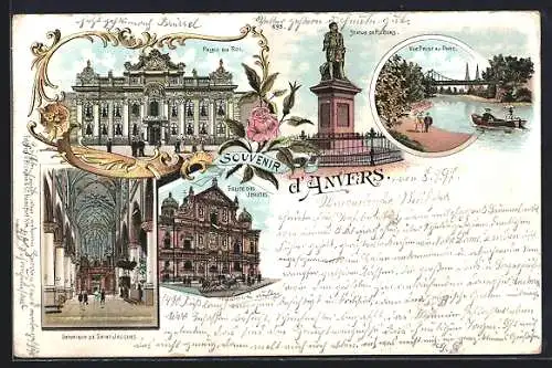 Lithographie Anvers, Statue de Rubens, Vue prise au Parc, Palais du Roi, Eglise des Jesuites