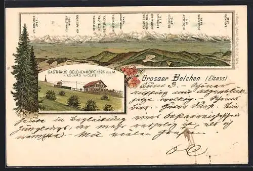 Lithographie Grosser Belchen /Elsass, Gasthaus Belchenkopf Eduard Wolf, Bergpanorama mit Eiger, Mönch und Jungfrau