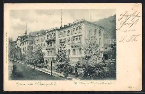 AK Schlangenbad, Partie am Hotel mit mittlerem u. unterem Kurhaus