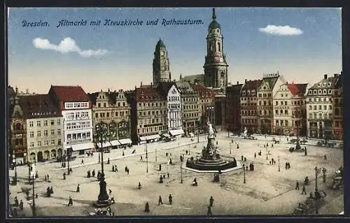 AK Dresden, Altmarkt mit Kreuzkirche und Rathausturm