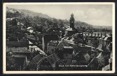 AK Dresden-Loschwitz, Hotel-Restaurant Burgberg mit Blick zur Drahtseilbahn