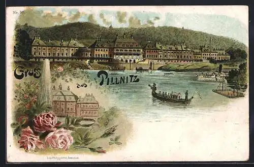 Lithographie Dresden-Pillnitz, Blick über die Elbe zum Schloss