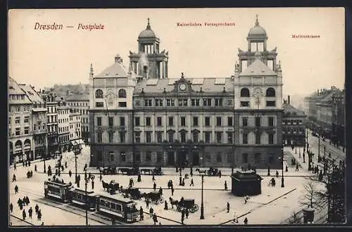AK Dresden, Postplatz, Kaiserliches Fernsprechamt, Marienstrasse, Strassenbahn