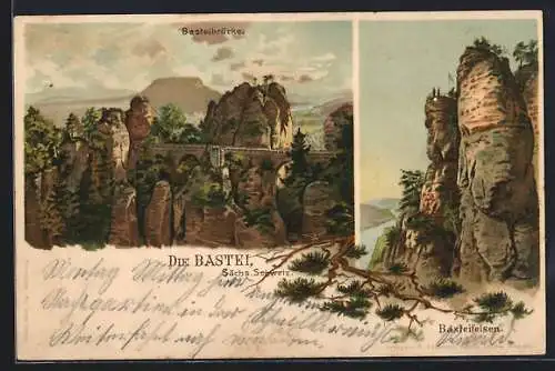 Lithographie Bastei, Basteibrücke, Basteifelsem