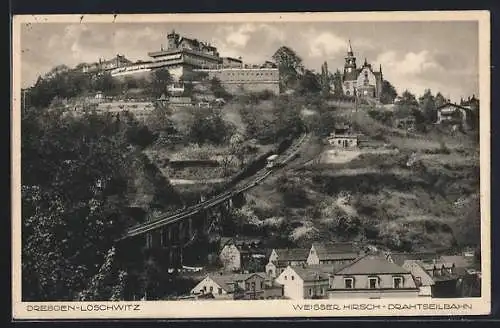 AK Dresden-Loschwitz-Weisser Hirsch, Ortspartie mit Drahtseilbahn und Bergbahn