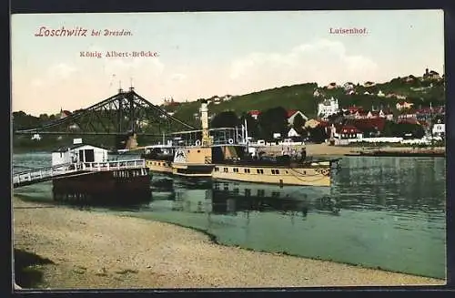 AK Dresden-Loschwitz, König Albert-Brücke und Blick zum Luisenhof, Raddampfer