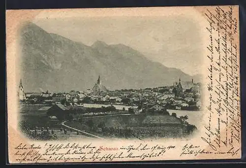 AK Schwaz, Panorama mit Kirche und Bergen