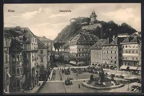 AK Graz, Hauptplatz mit Cafe Nordstern, Brunnen und Strassenbahn