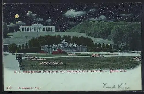 Mondschein-AK Wien, K. k. Schlossgarten Schönbrunn mit Neptunsgrotte und Gloriette