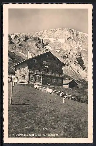 AK C. v. Stahlhaus am Torrenerjoch, Berghütte gegen Gipfel