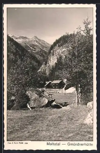 AK Gmündnerhütte /Maltatal, Berghütte im Sonnenschein