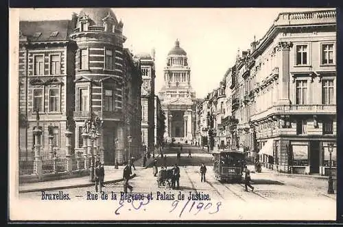 AK Bruxelles, Rue de la Régence et Palais de Justice, Strassenbahn