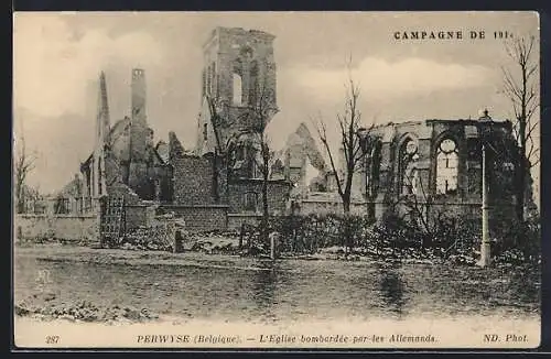 AK Perwyse, Campagne de 1914, L`Eglise bombardée par les Allemands