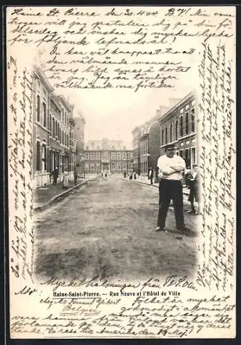 AK Haine-Saint-Pierre, Rue Neuve et l`Hotel de Ville