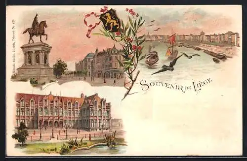 Lithographie Liège, Flusspartie mit Segelboot, Reiterdenkmal und grosses Gebäude, Wappen, Schwalbe und Blumenverzierung