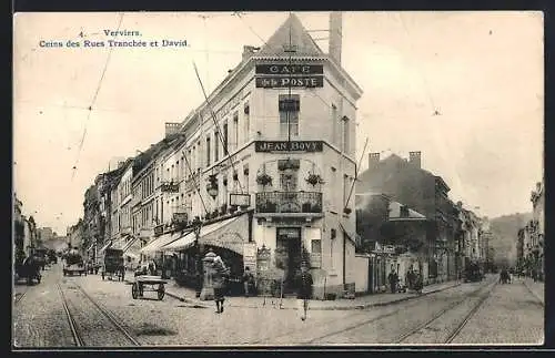 AK Verviers, Cafe de la Poste, Coins des Rues Tranchée et David