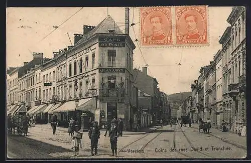 AK Verviers, Coins des rues David et Tranchée, Cafe de la Poste