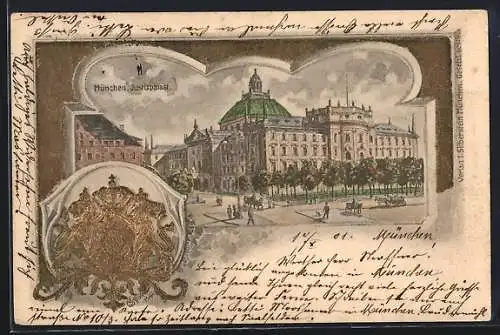 Passepartout-Lithographie München, Blick auf den Justizpalast, Wappen