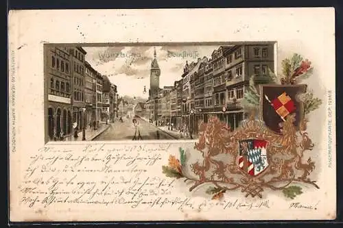 Passepartout-Lithographie Würzburg, Blick in die Domstrasse, geprägtes Wappen