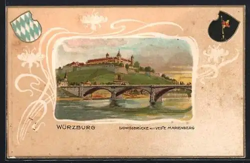 Passepartout-Lithographie Würzburg, Ludwigsbrücke mit Veste Marienberg, Wappen