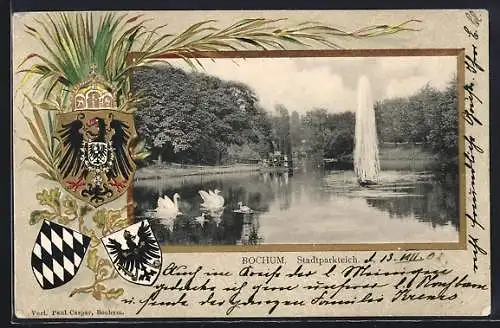 Passepartout-Lithographie Bochum, Schwäne auf dem Stadtparkteich, Wappen