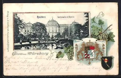 Passepartout-Lithographie Würzburg, Gartenseite der Residenz, geprägtes Wappen